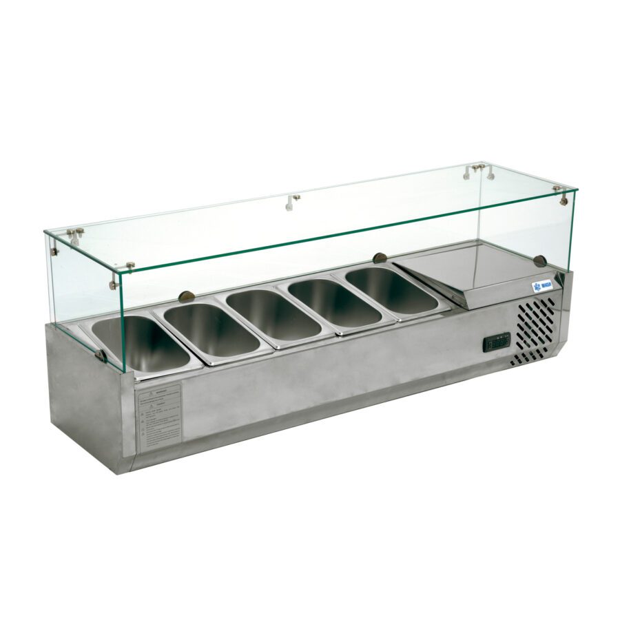 Migsa RT-1200L Vitrina Refrigerada Para Ensaladas y Pizza Sobre Mesa Cristal Recto para 5 insertos Acero Inoxidable 120 cm