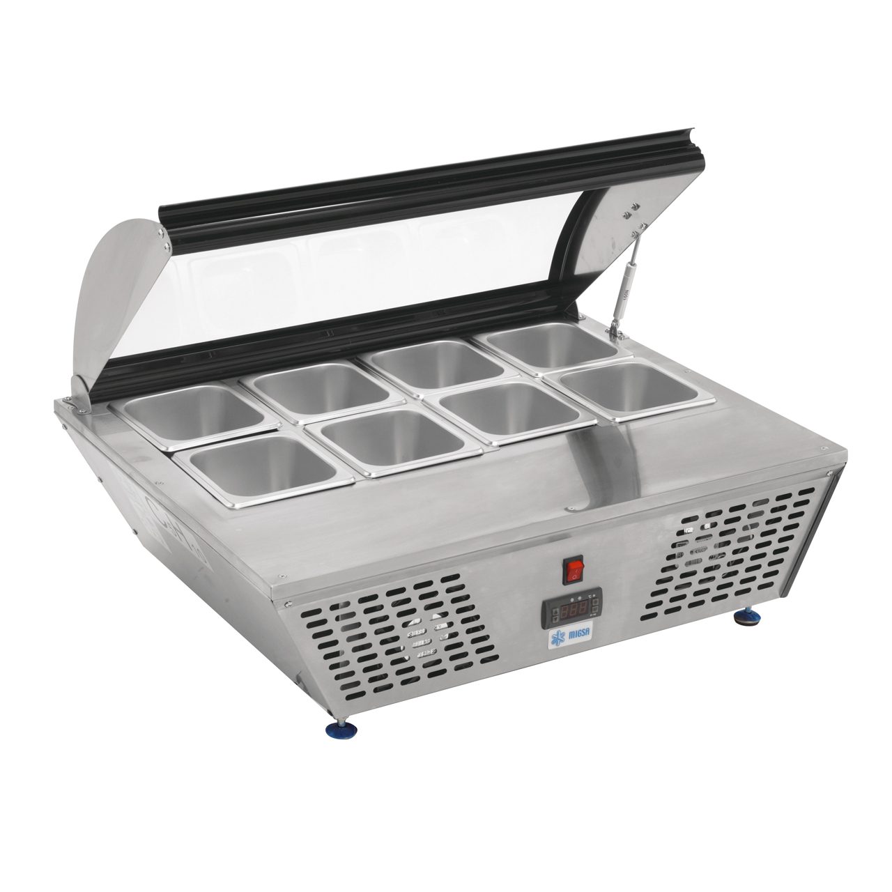 Migsa RTW-67L Base Refrigerada De Sobre Mesa Con Tapa Cristal Curvo para 8 insertos Acero Inoxidable 67 litros 76.7 cm