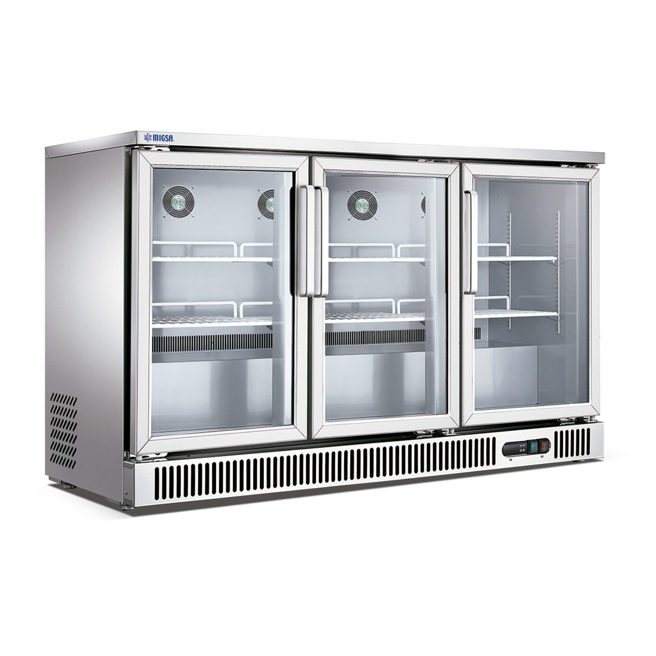 Migsa SG380 Refrigerador Contra Barra 3 Puertas Cristal Acero Inoxidable 380 Litros