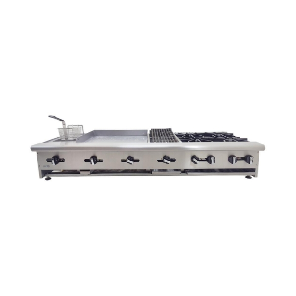 Asber AM-72 Estufa Combinada a Gas 4 Quemadores Abiertos Asador 12" Plancha 24" Freidora Acero Inoxidable