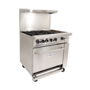 Migsa DCR36-4QH Estufa Comercial A Gas De 4 Quemadores Plancha Y Horno Con Respaldo Acero Inoxidable